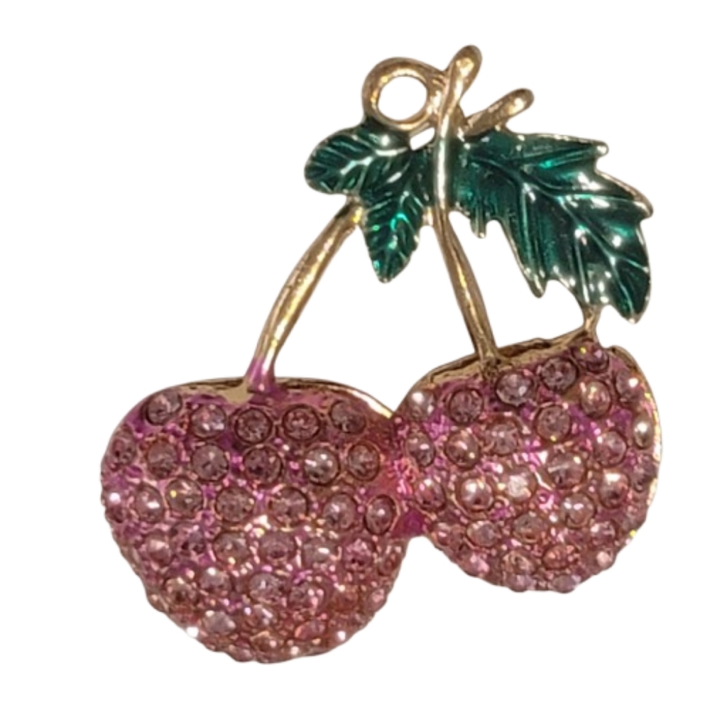 Betsey Johnson Pink Cherry Pendant  Green Leaves Goldtone Fruitcore Fruitcor